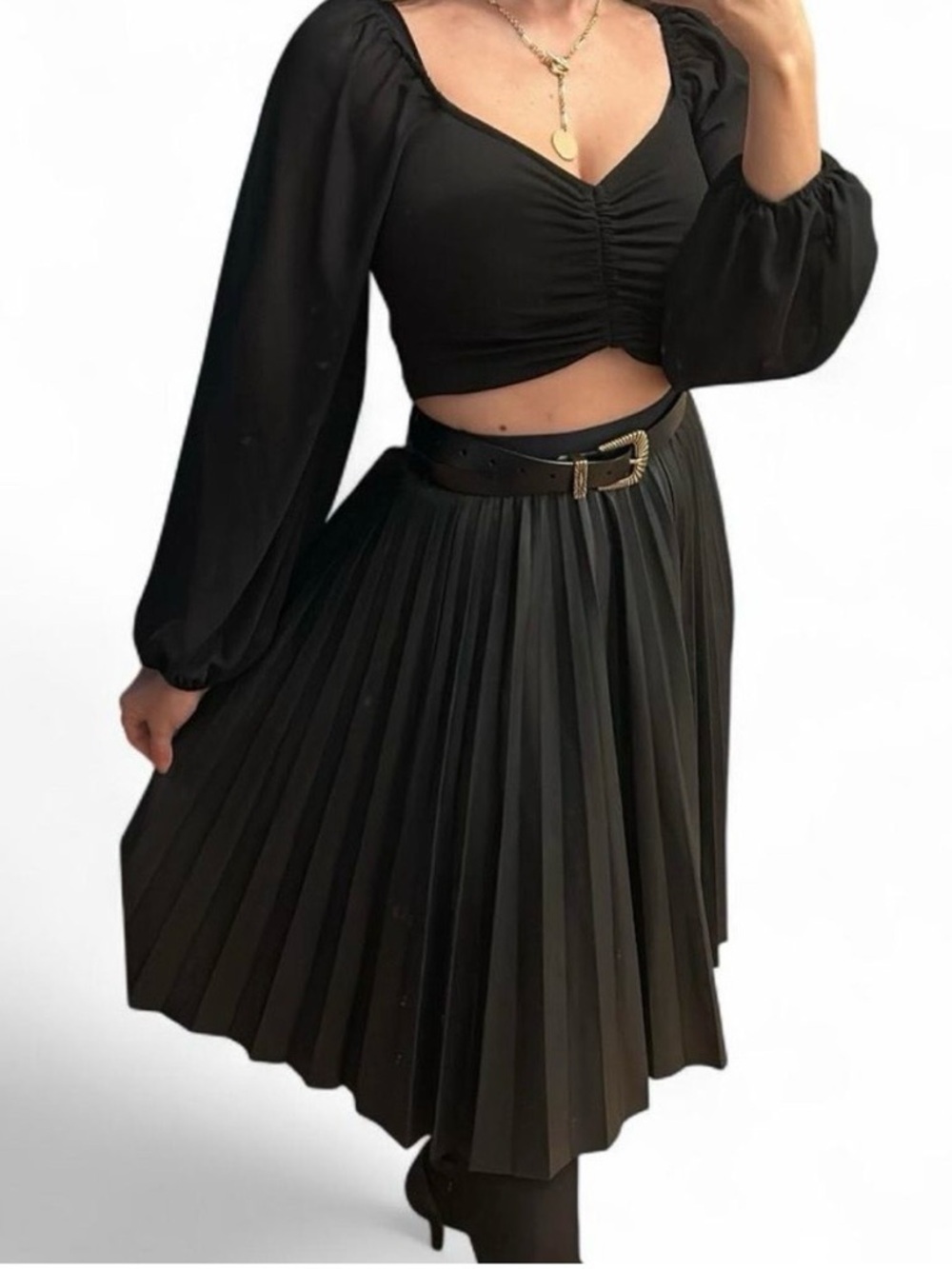 THEORY Zeyn Black Lamb Leather Pleated Knee Length Skirt Size M